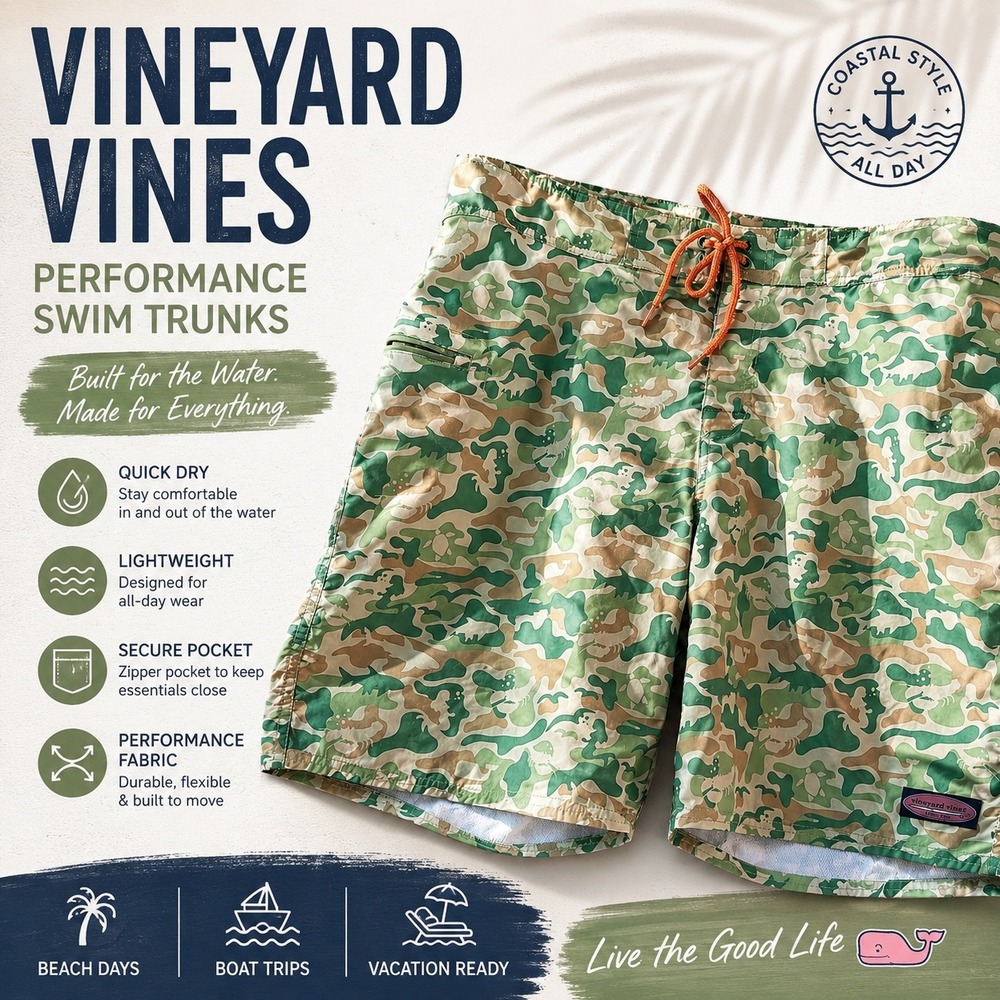 Vineyard Vines Mens‎ Camo Sea Life Performance Swim Trunks Green Tan Size 35
